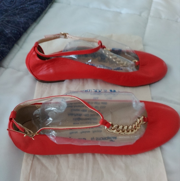 NWOB J Crew chain ballet flats, 7.5, brilliant reddish orange, made in Italy - Picture 3 of 8
